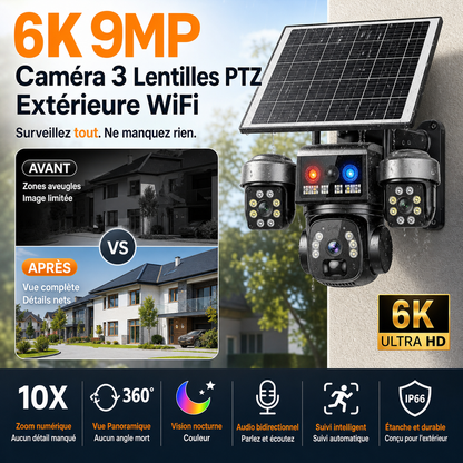 Caméra de surveillance solaire intelligente à 360° avec surveillance sur trois écrans
