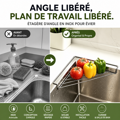 Étagère d'angle en acier inoxydable pour évier