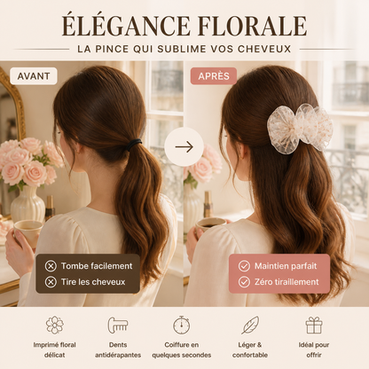 🌸 Barrette coréenne en forme de banane avec du tulle à fleurs