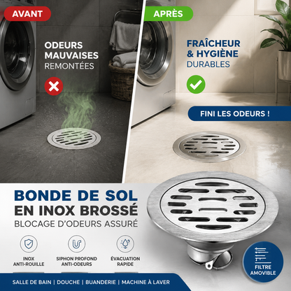 Siphon de sol rond anti-odeurs en acier inoxydable brossé