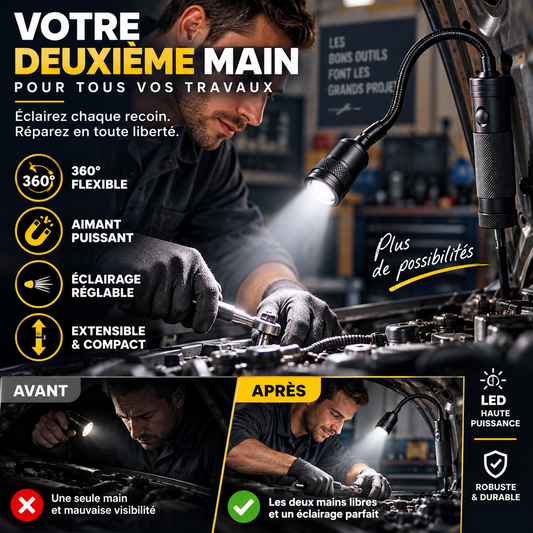 🔥 Lampe de travail télescopique et réglable pour voiture, avec aimant et flexible à 360°