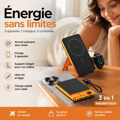 Chargeur portable magnétique sans fil 3 en 1 avec support