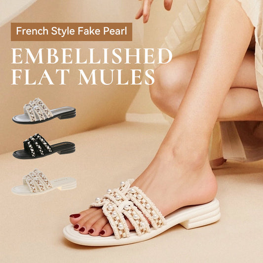 Mules plates ornées de fausses perles à la française