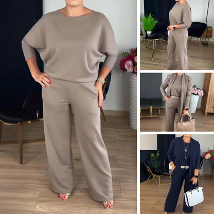 Ensemble Élégant Long Cardigan & Haut & Pantalon 3 Pièces