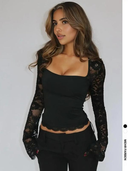 T-shirt uni pour femme avec dentelle florale, volants fendus et manches transparentes
