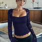 T-shirt uni pour femme avec dentelle florale, volants fendus et manches transparentes