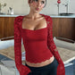 T-shirt uni pour femme avec dentelle florale, volants fendus et manches transparentes