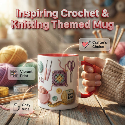 Tasse à café en céramique sur le thème du crochet et du tricot