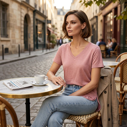T-shirt décontracté à manches courtes et col en V pour femme