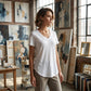 T-shirt décontracté à manches courtes et col en V pour femme