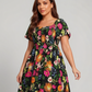 ⏰Soldes d'été : 50 % de réduction💃Robe midi à fleurs, col carré et smocks, avec poches