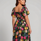 ⏰Soldes d'été : 50 % de réduction💃Robe midi à fleurs, col carré et smocks, avec poches