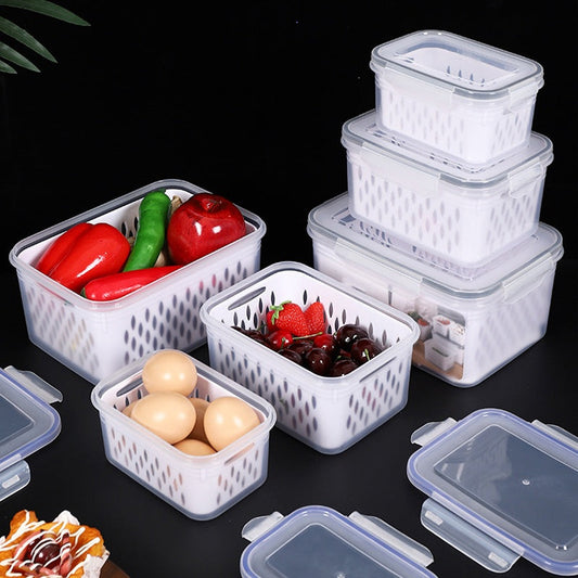 🏡⚡ Vente Flash 50% de réduction 🍇 Set de conteneur de stockage de fruits 3PCS pour réfrigérateur avec colander amovible