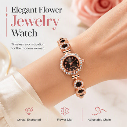 Montre élégante pour femme avec lunette florale ornée de strass