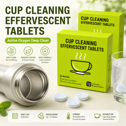 Lot de 12 pastilles effervescentes au oxygène actif pour le nettoyage des tasses