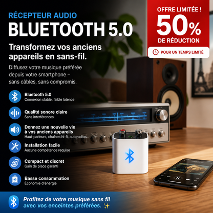 🎧 60% de réduction! 🔊 Récepteur Bluetooth 5.0 Adaptateur Audio – Streaming Sans Fil, Son Hi-Fi & Branchement Simple 📲