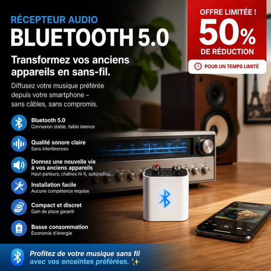 🎧 60% de réduction! 🔊 Récepteur Bluetooth 5.0 Adaptateur Audio – Streaming Sans Fil, Son Hi-Fi & Branchement Simple 📲